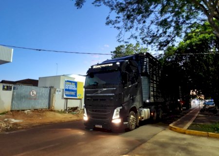 Carreta boiadeira fica presa por fios ao trafegar em avenida na área central de Caarapó